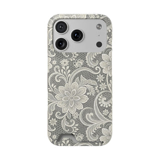 White lace print phone case with card holder, floral lace over a gray honeycomb mesh