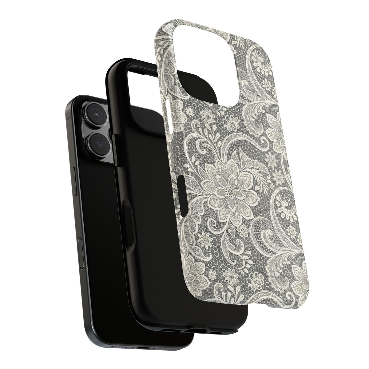 White lace print tough phone case, glossy or matte finish