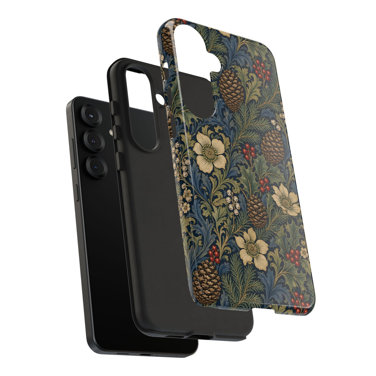 Winter botanical tough phone case, camera cutout detail