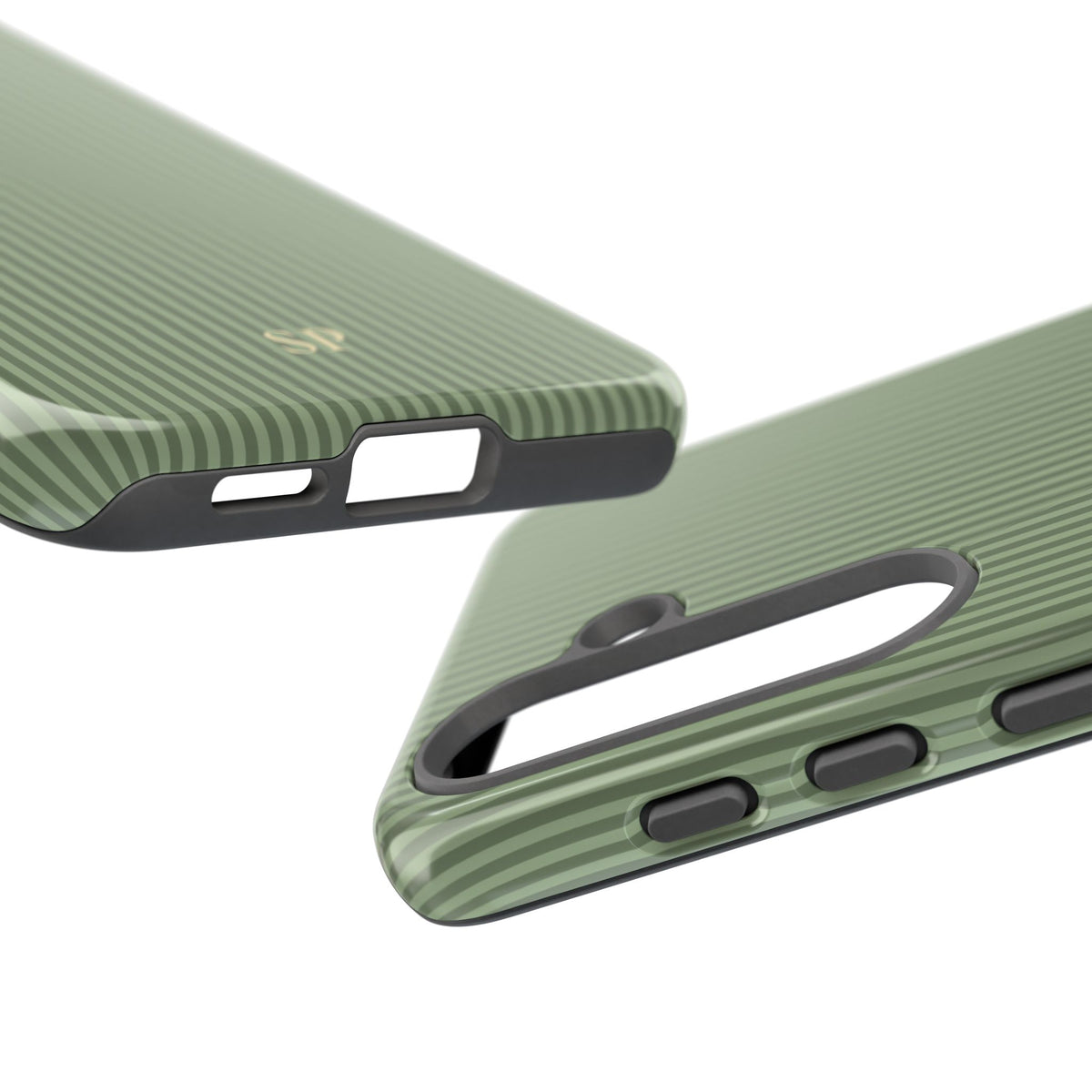 Sage green pinstripe print with gold monogram for personalized tough phone case