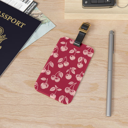 Cherry print acrylic luggage tag in deep red and pale pink