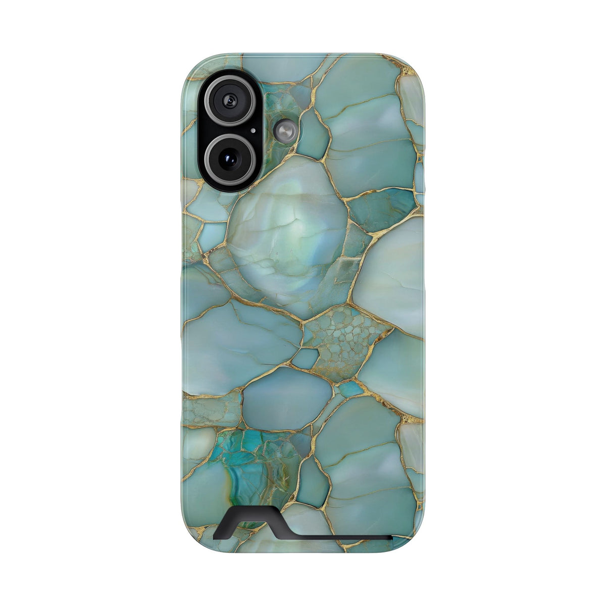 Teal marble phone case with card holder, ochre veining on aqua stone