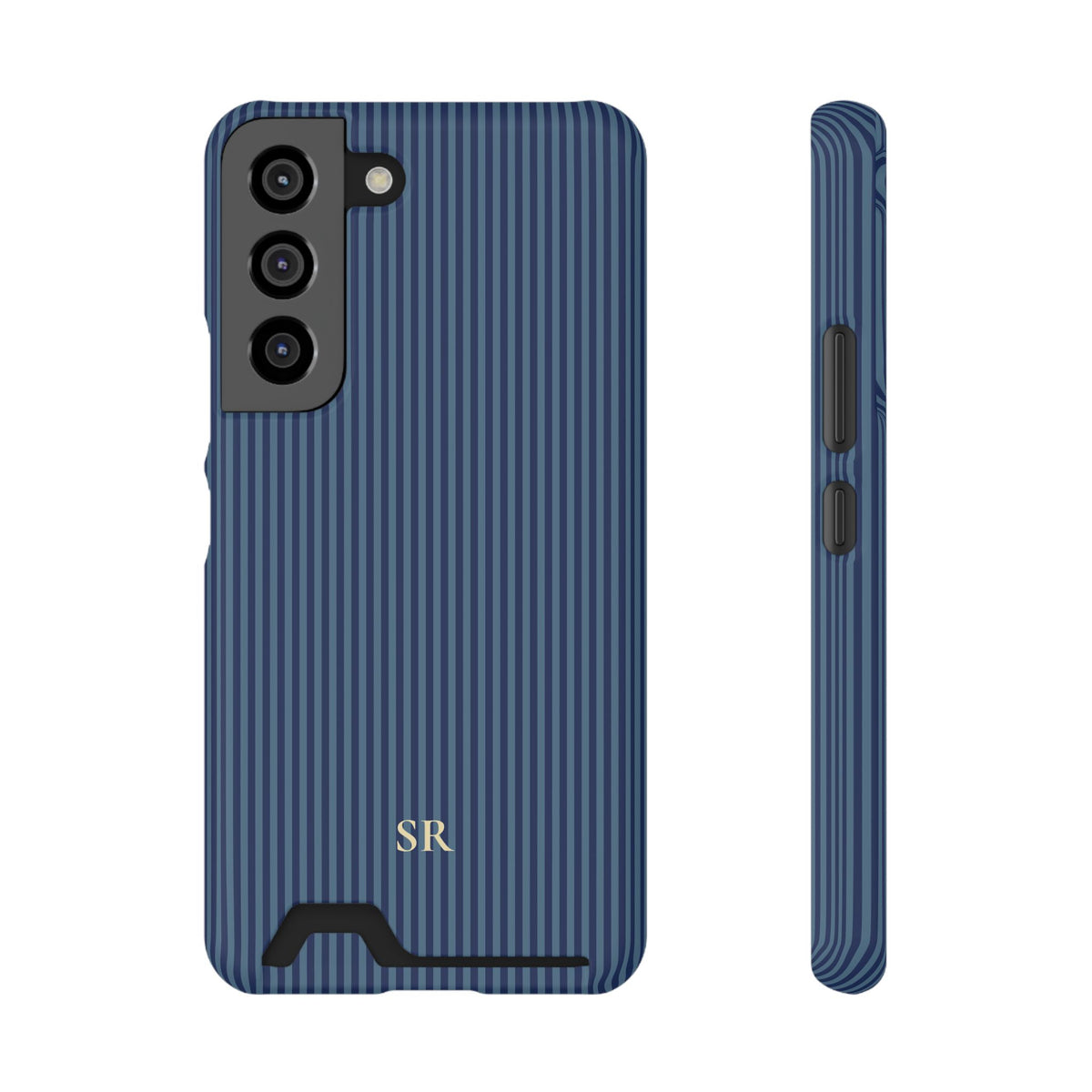 Personalized navy blue striped phone case with card holder and yellow initials