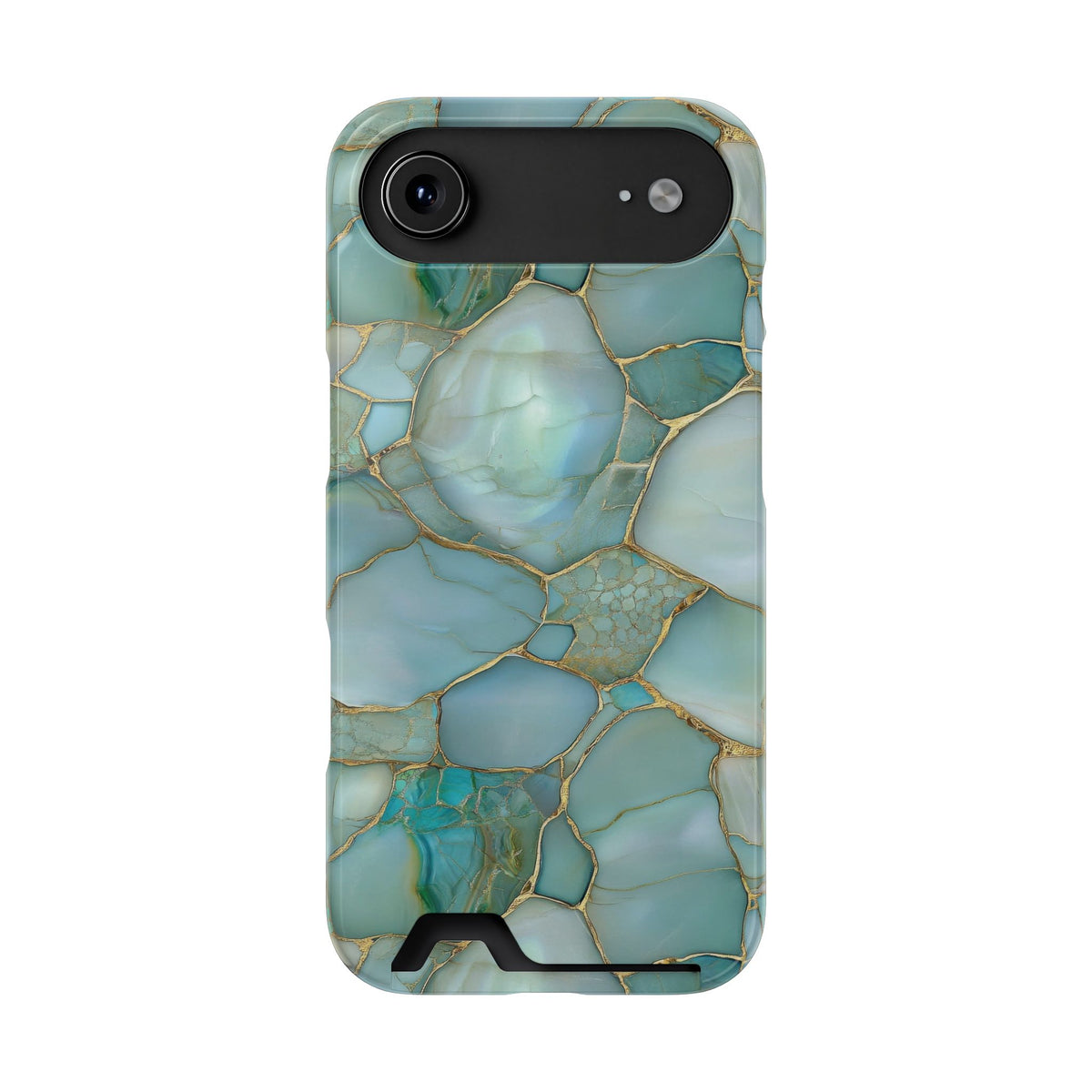 Teal marble phone case with card holder, ochre veining on aqua stone