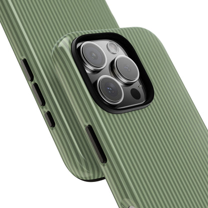 Sage green striped personalized tough phone case held in hand