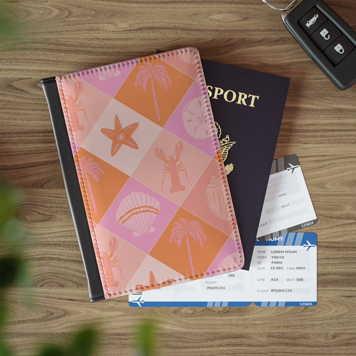 Coastal check passport cover in pink and orange faux leather