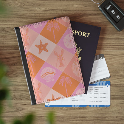 Coastal check passport cover in pink and orange faux leather