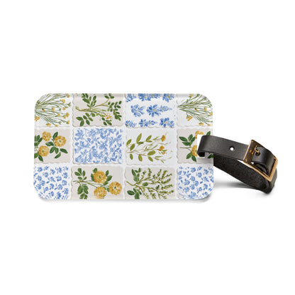 Floral patchwork luggage tag, front view