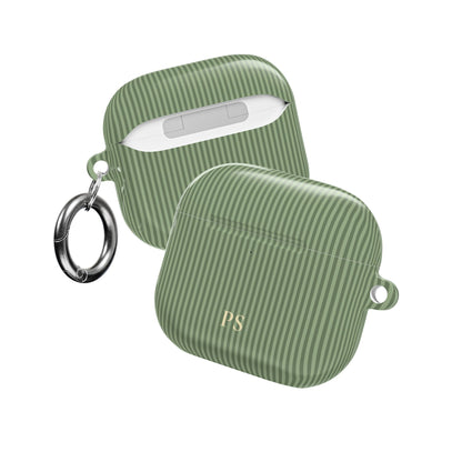 Monogrammed sage green striped AirPod case on a neutral background