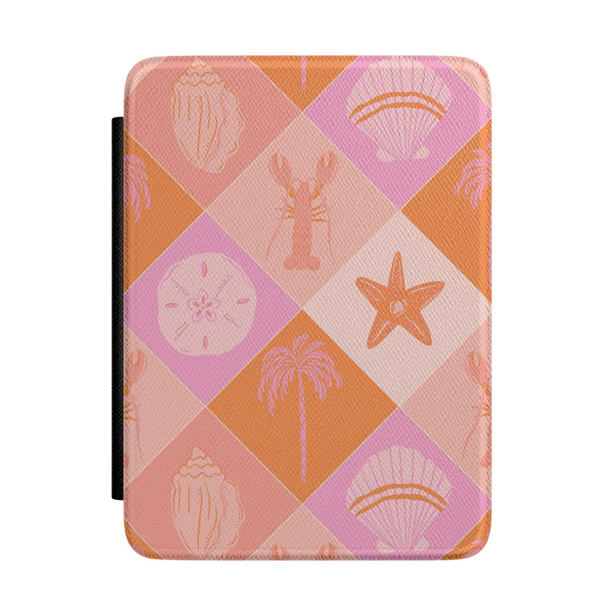 Pink coastal check Kindle case with lobster and shell motifs
