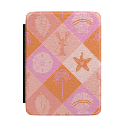 Pink coastal check Kindle case with lobster and shell motifs
