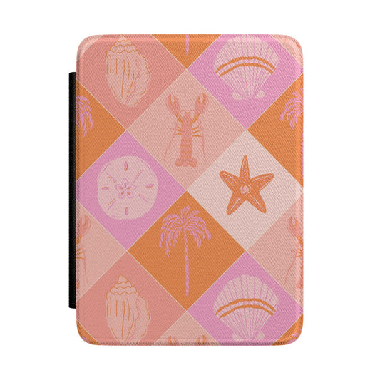 Pink coastal check Kindle case with lobster and shell motifs