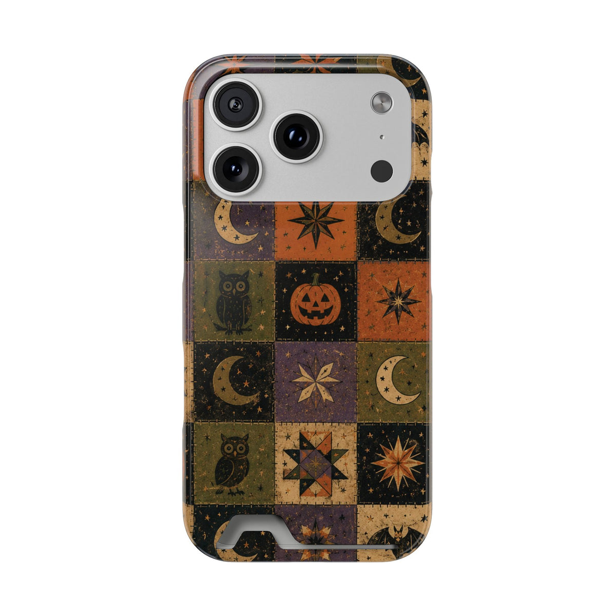 Halloween quilt phone case with card holder, front view