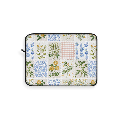 Floral patchwork laptop sleeve in blue, yellow and cream