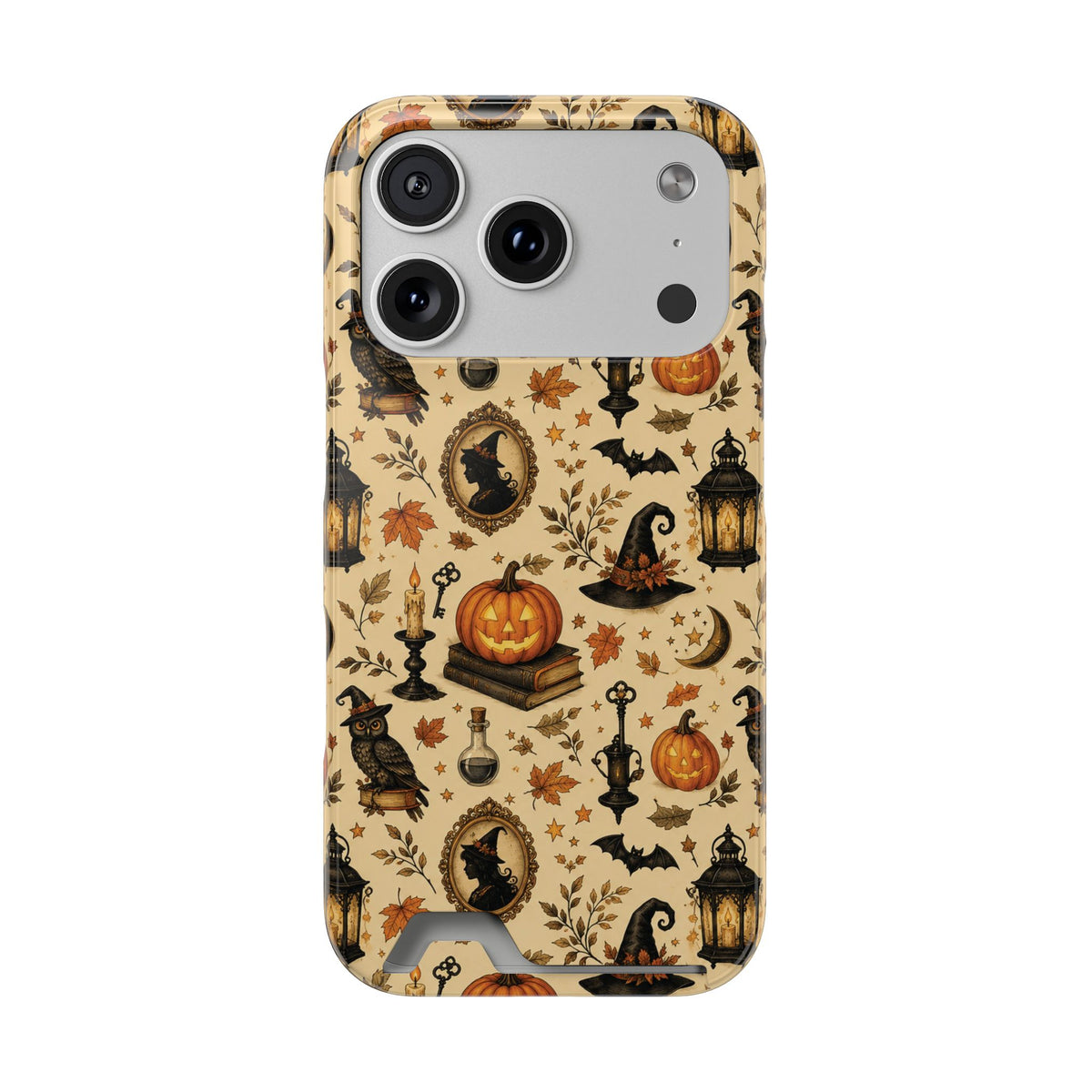 Vintage Halloween phone case with card holder, front view