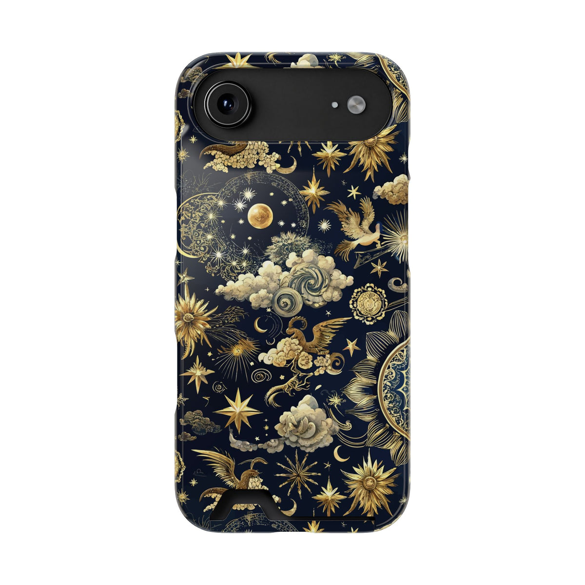 Navy celestial phone case with card holder, yellow suns and moons on midnight blue