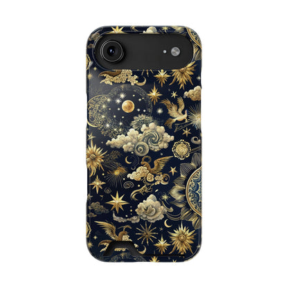Navy celestial phone case with card holder, yellow suns and moons on midnight blue
