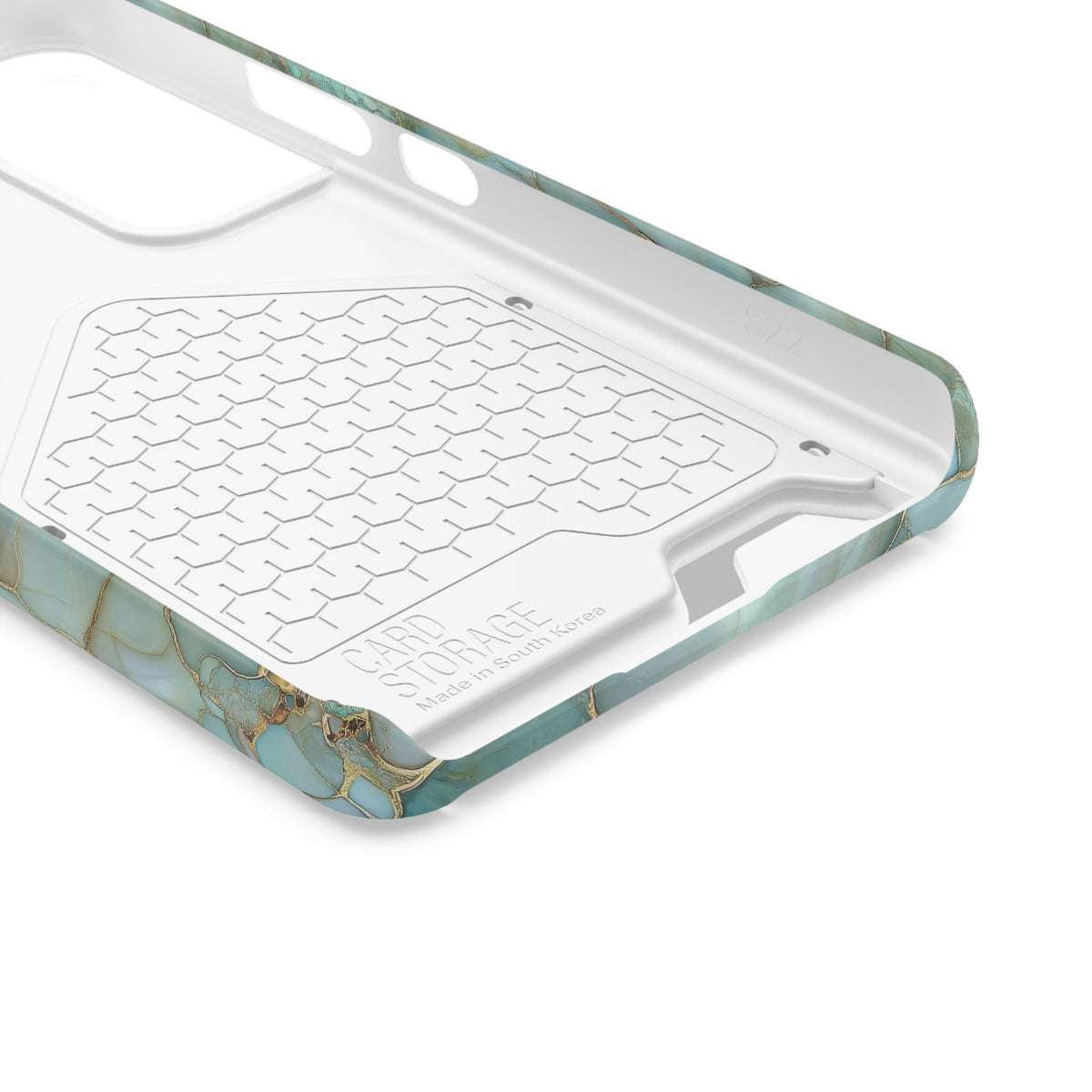 Teal marble phone case with card holder, ochre veining on aqua stone