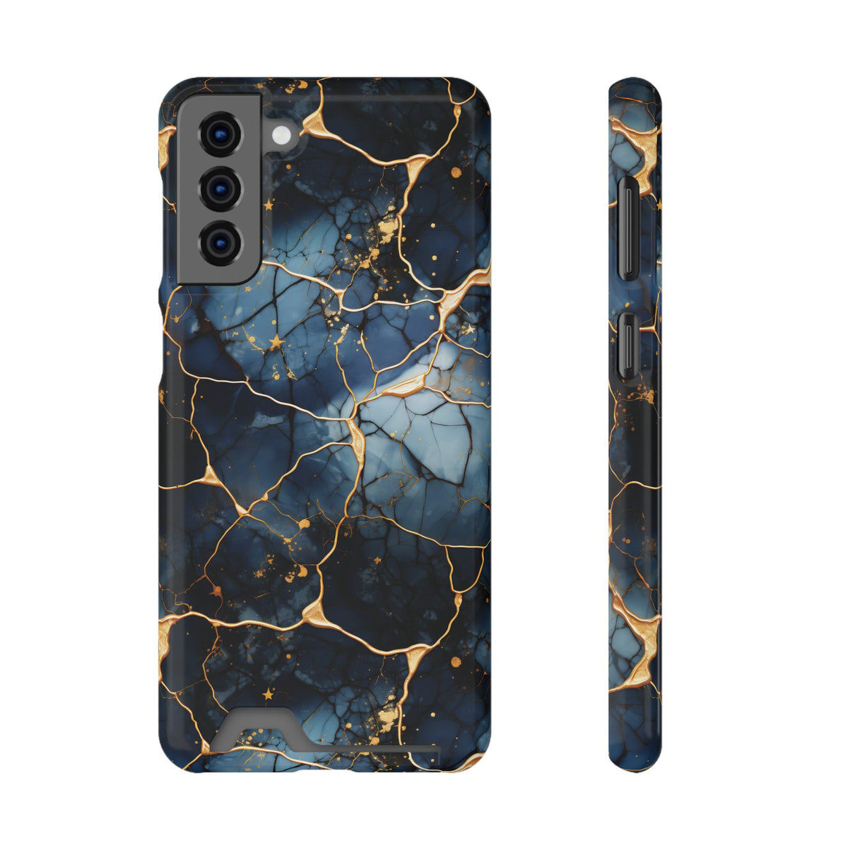 Navy marble print phone case with card holder, ochre-toned veins on deep blue