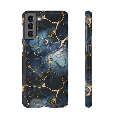 Navy marble print phone case with card holder, ochre-toned veins on deep blue