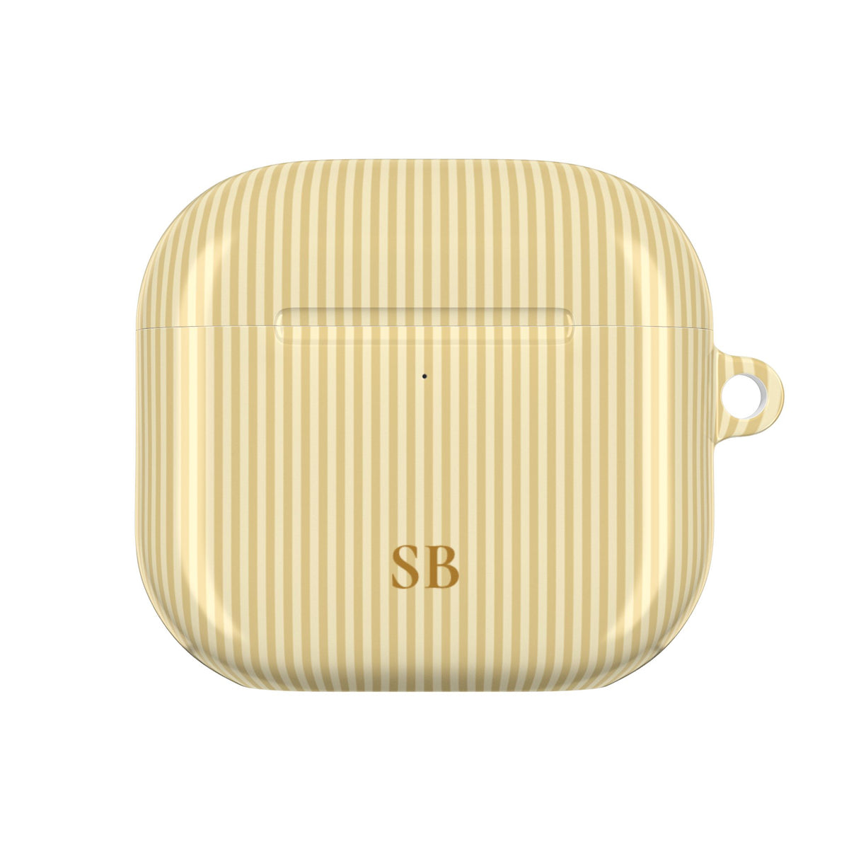 Butter yellow striped personalized AirPod case held in hand