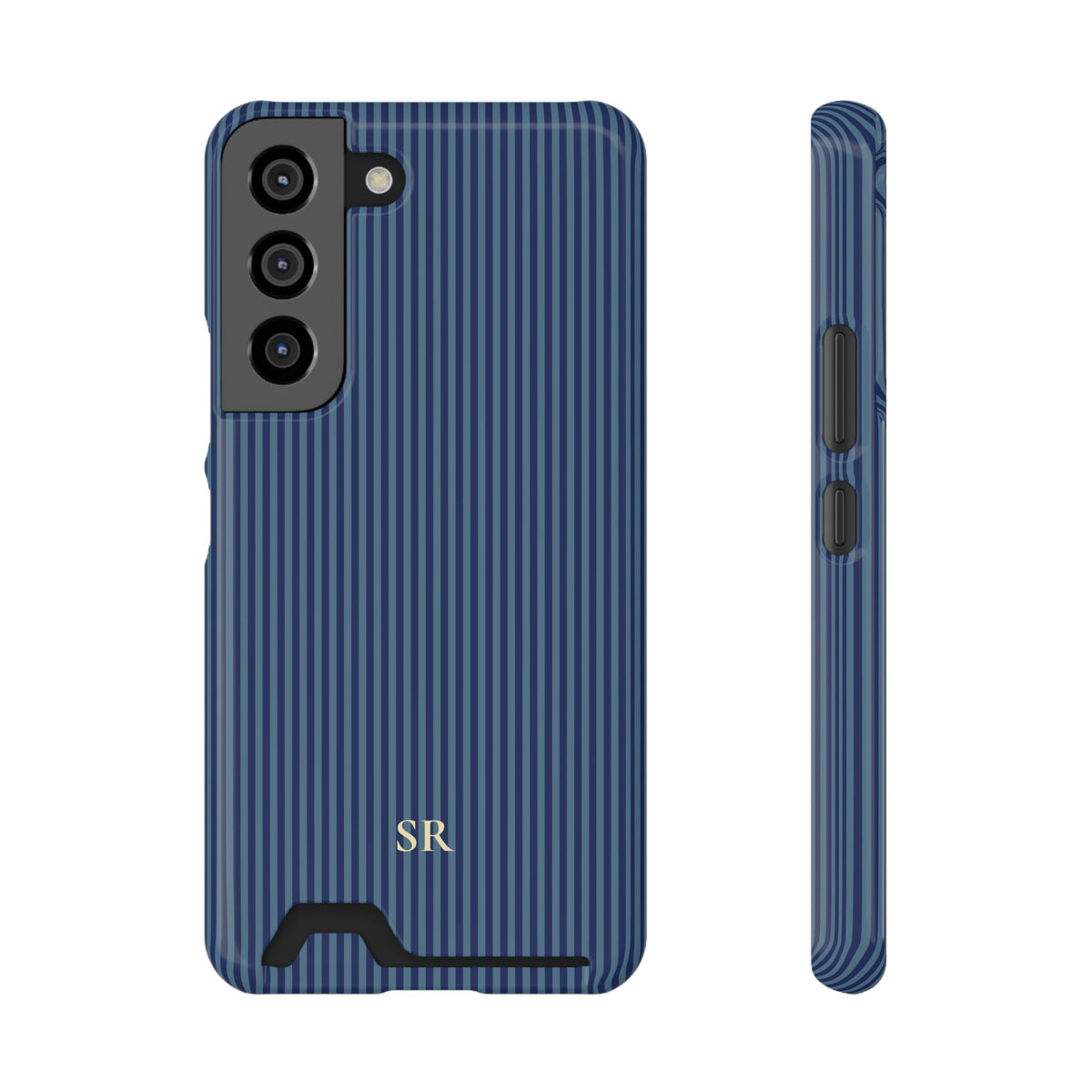 Personalized navy blue striped phone case with card holder and yellow initials