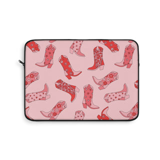 Pink cowboy boot laptop sleeve with black zip and trim