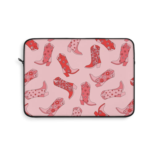 Pink cowboy boot laptop sleeve with black zip and trim