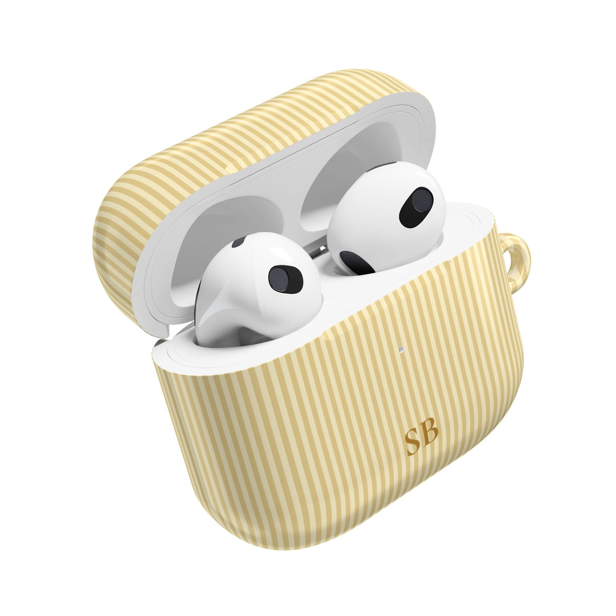 Soft yellow striped AirPod case shown from the front