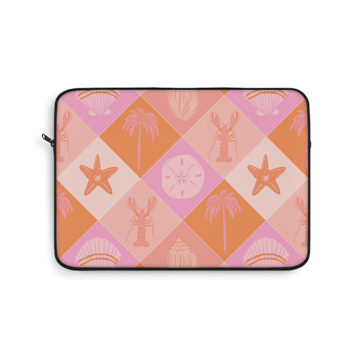 Pink coastal check laptop sleeve with lobster and palm motifs