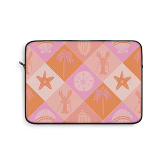 Pink coastal check laptop sleeve with lobster and palm motifs