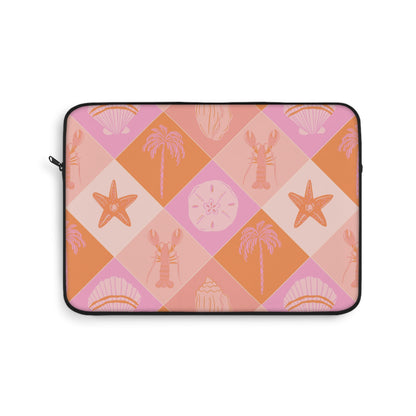 Pink coastal check laptop sleeve with lobster and palm motifs