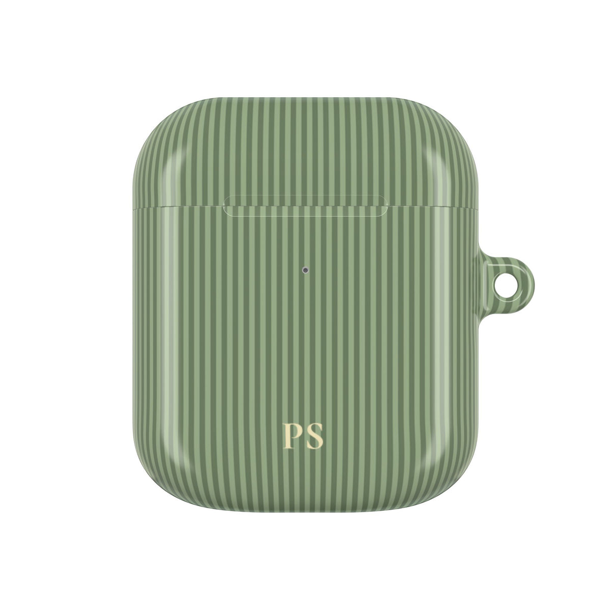 Sage green pinstripe AirPod case with carabiner clip