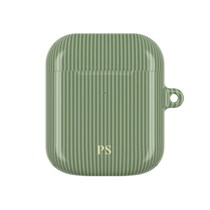 Sage green pinstripe AirPod case with carabiner clip