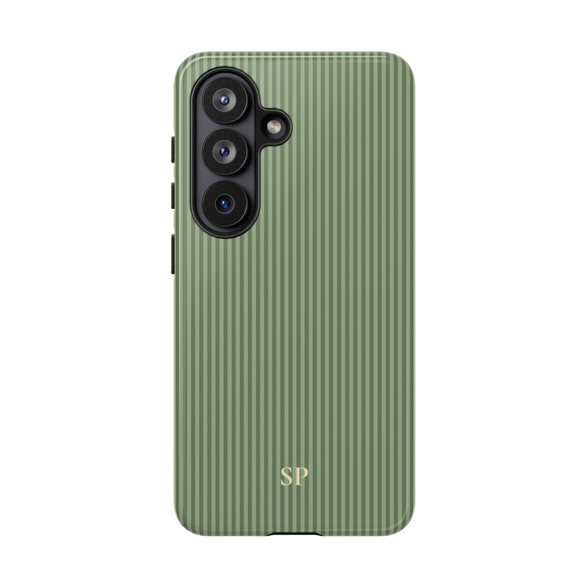 Soft sage striped dual layer phone case with initials
