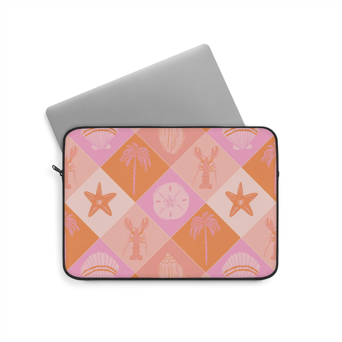 Coastal check laptop sleeve in pink and orange with black zipper