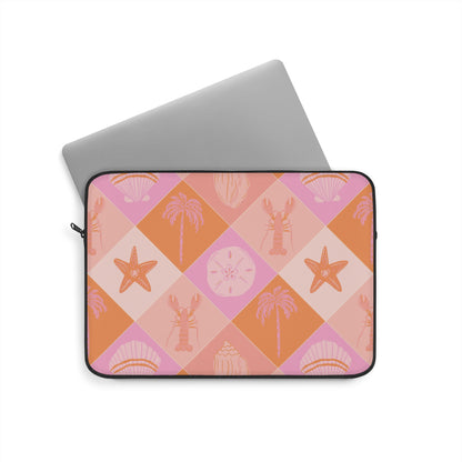 Coastal check laptop sleeve in pink and orange with black zipper