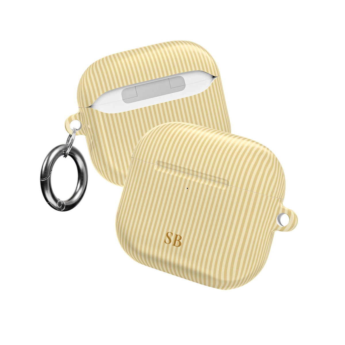 Personalized butter yellow striped AirPod case with initials in warm gold