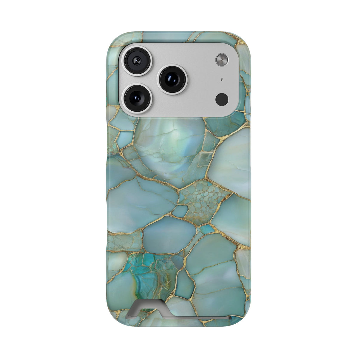 Teal marble phone case with card holder, ochre veining on aqua stone