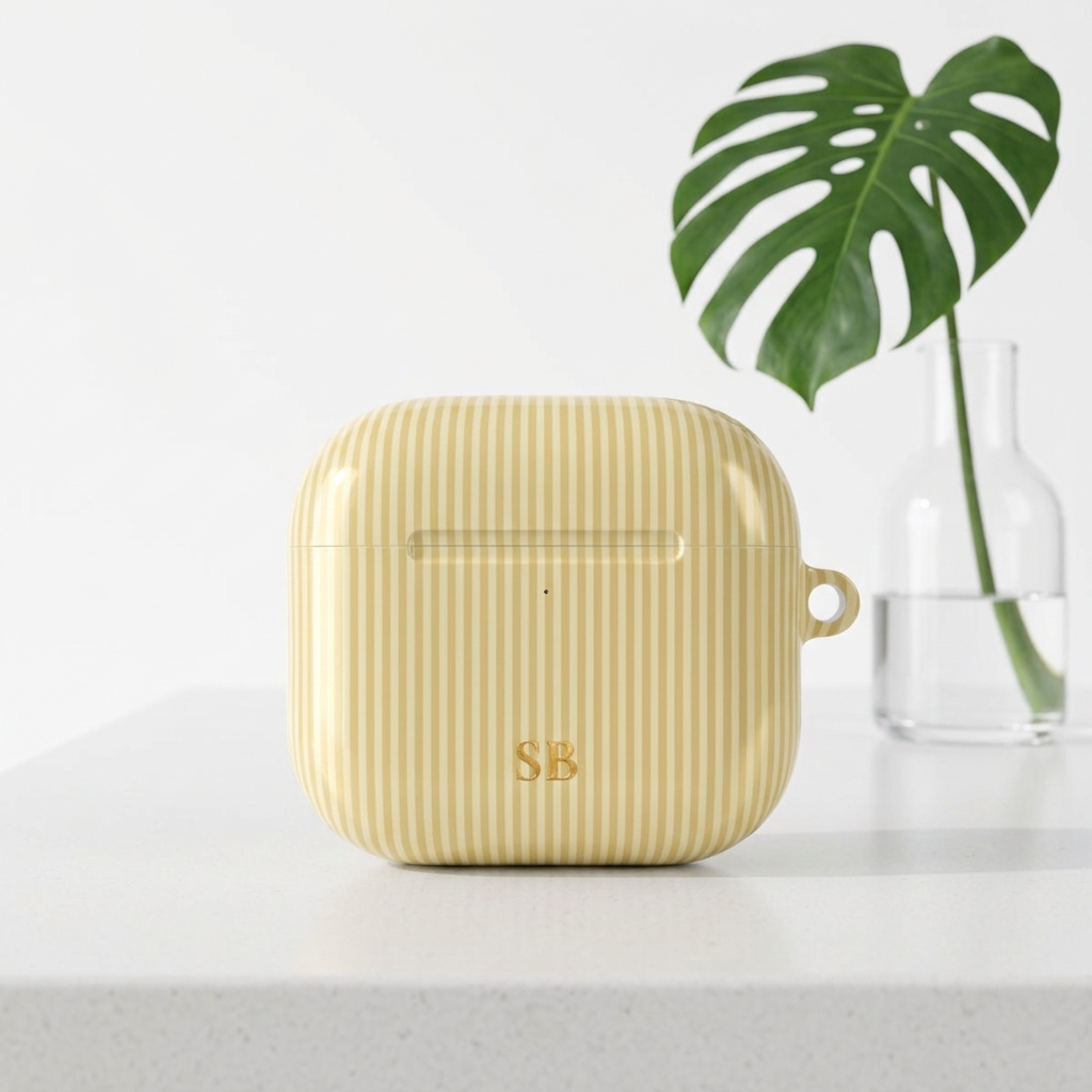 Butter yellow pinstripe print with gold monogram for personalized AirPod case