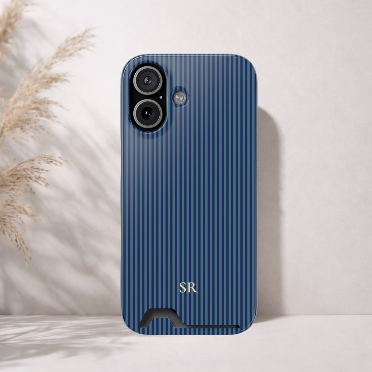 Personalized navy blue striped phone case with card holder and yellow initials