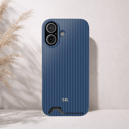 Personalized navy blue striped phone case with card holder and yellow initials
