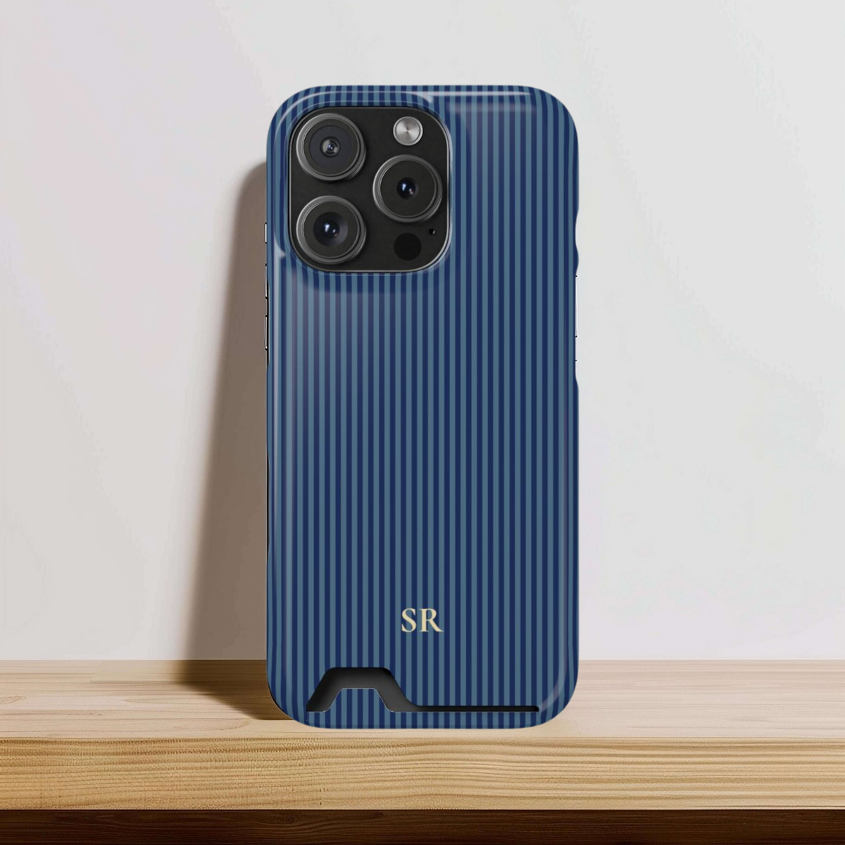 Personalized navy blue striped phone case with card holder and yellow initials