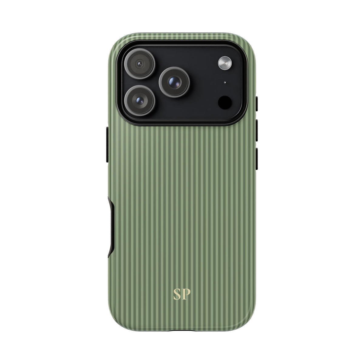Personalized sage green striped tough phone case with gold monogram