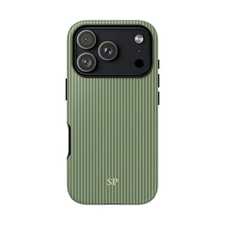 Personalized sage green striped tough phone case with gold monogram