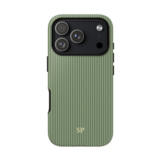 Personalized sage green striped tough phone case with gold monogram