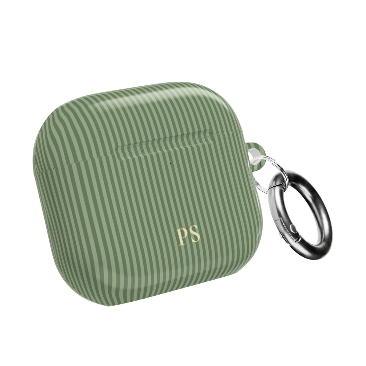 Personalized sage green striped AirPod case with gold monogram