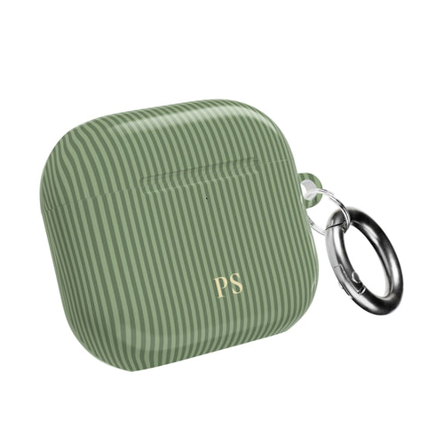 Personalized sage green striped AirPod case with gold monogram