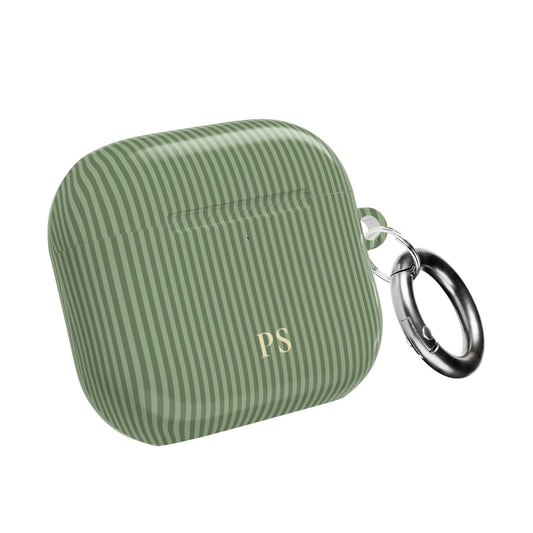 Personalized sage green striped AirPod case with gold monogram