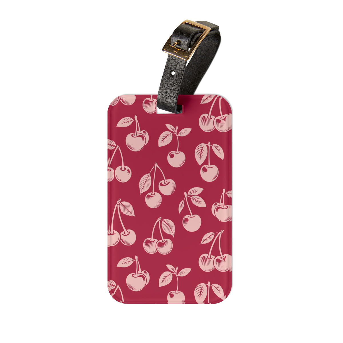 Red cherry luggage tag with black leather strap
